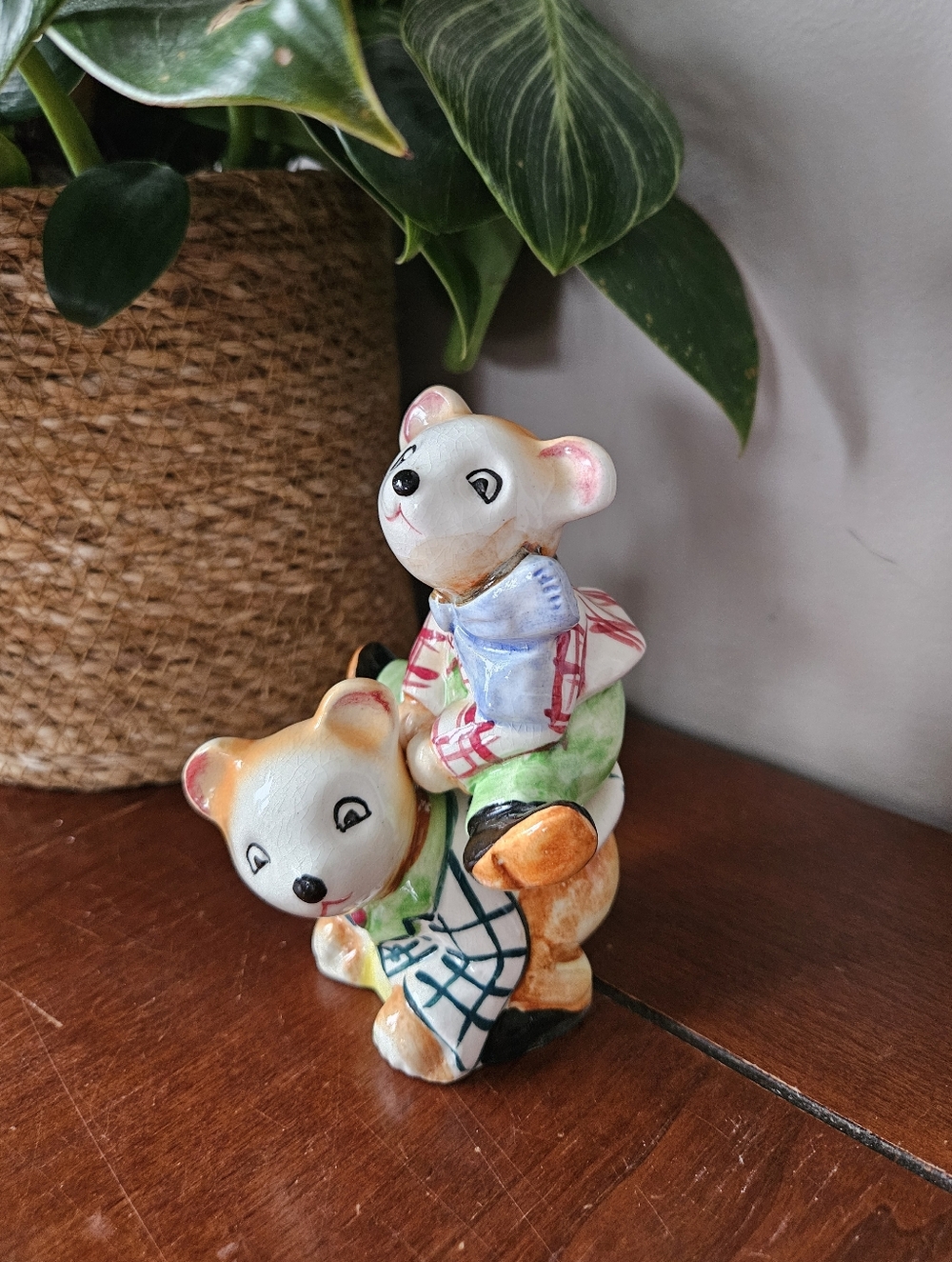 Vintage Teddy Bear Piggyback Ceramic Salt & Pepper Shakers